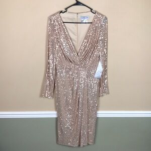 NWT Ieena for Mac Duggal Women’s Gold Sequins Mesh Faux Wrap Long Sleeve Dress